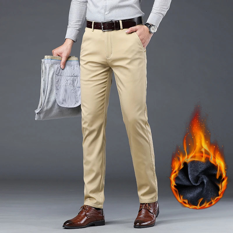 KUBRO mens winter wool pants thick and warm casual pants mens business straight elastic thick cotton gray mens pants 241112