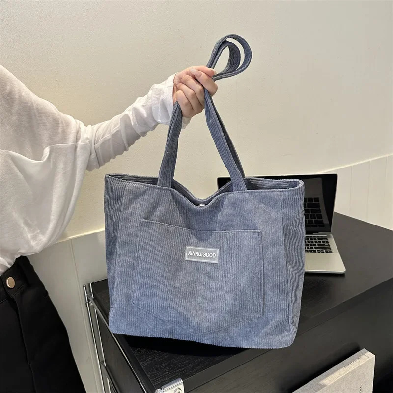 Womens large capacity shoulder and lower arm bag Corduroy handbag with pocket casual shopping bag student backpack work bag 241112