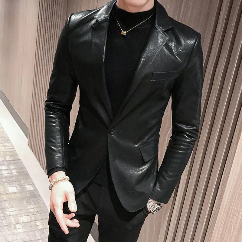 New Faux Leather Mens Blazer Luxury Double Breasted Pu Male Blazer Fashion Embroidery Single Breasted Slim Fit Man