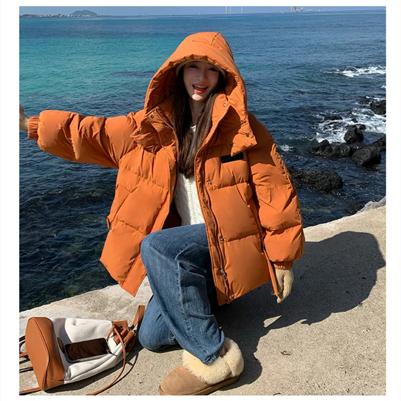 Couleur de couleur unie à la veste femme à capuche à capuche collier Collier Fashion American Streetwear Duck Feather Feme Winter Shortwear 24110