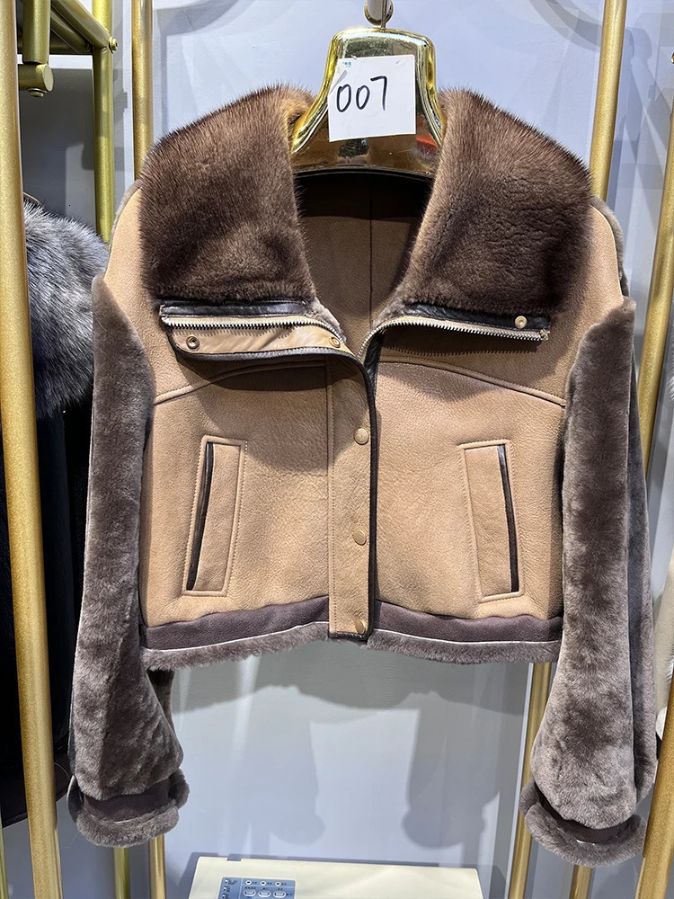 Winter Women Real Natural Mink Fur Collar Merino Sheep Coat Genuine Leather Doublefaced Jacket 241113