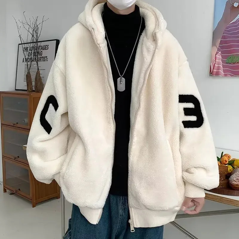 Thickened Fleecelined Loosefit Lamb Wool Jacket Cotton Coat For Men Trendy Winter Spring Autumn Hooded Plush 241108