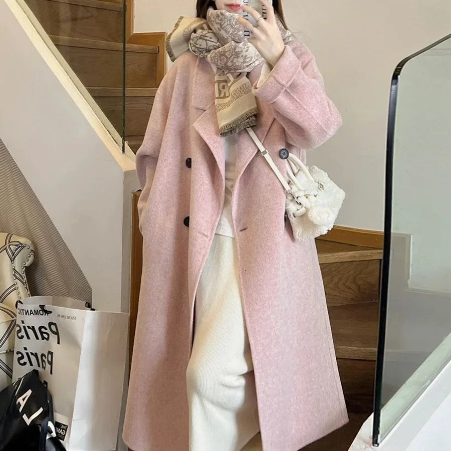 DoubleSided Woolen Goods MediumLength Womens Overcoat 2024 Autumn Winter Style KoreanStyle KneeLength Jacket 241112