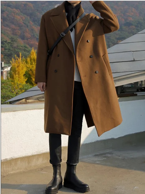 Winter mens British style woolen coat Korean version of the trend loose midlength over knee size 3XL 241107Z