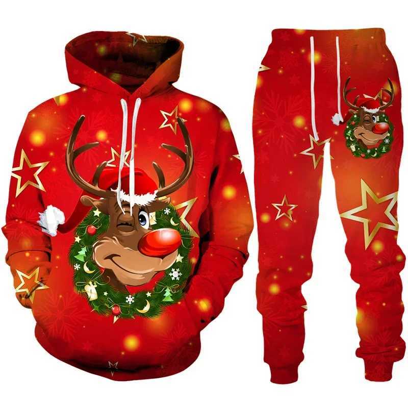 3D Print Hoodies Suit Christmas Santa Claus Man Woman Femme Pantalons Tracksuit 2pcs Nouvel An Partage décontracté Pullor surdimensionné LX241113