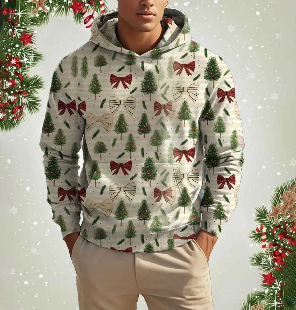 Fashionable And Comfortable Autumn Winter New Mens 3D Printed Crew Neck Pullover Christmas Tree Bow Series Hoodie Casual Couple LX241113