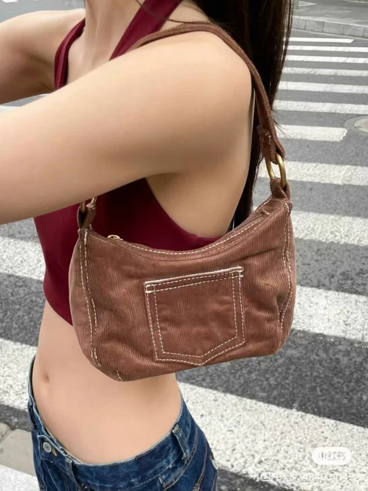 Retro Womens Brown Corduroy Mini Handbag Summer Fashion Womens Solid Color Zipper Bag Womens Fashion Bag 241112