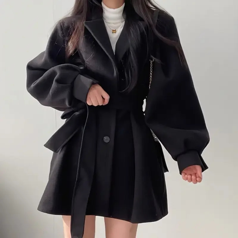 Chic2024 Autumnwinter Vintage Nanny Big Windbreaker Waistfitted Loose Petite Woolen Jacket Womens Clothing 241108