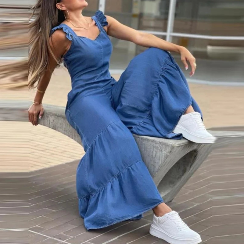 Womens solid denim jumpsuit spring V-neck high waist straight sportswear summer backless wide leg pleated pants jumpsuit 241112