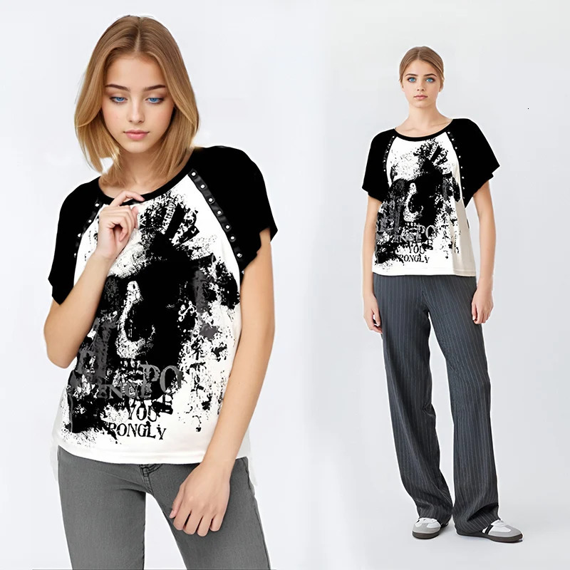 Girls shirt subculture Gothic rock punk Y2k millennium zipper skull print T-shirt womens loose short sleeved top skull T-shirt 241112
