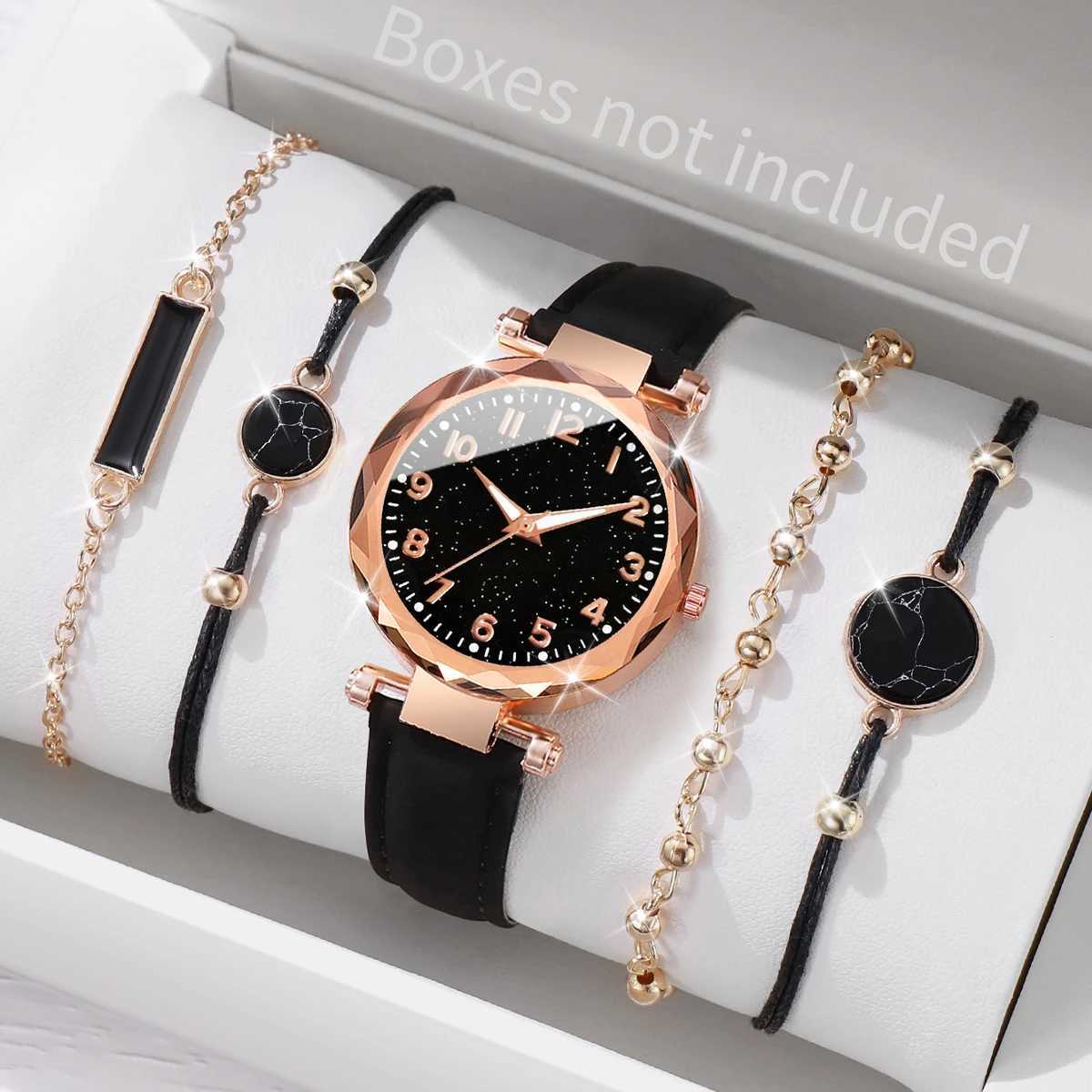 5pcs / set Femmes Montres Bracelets Set Fashion Starry Sky Dial Band en cuir Quartz WatchXJ241109