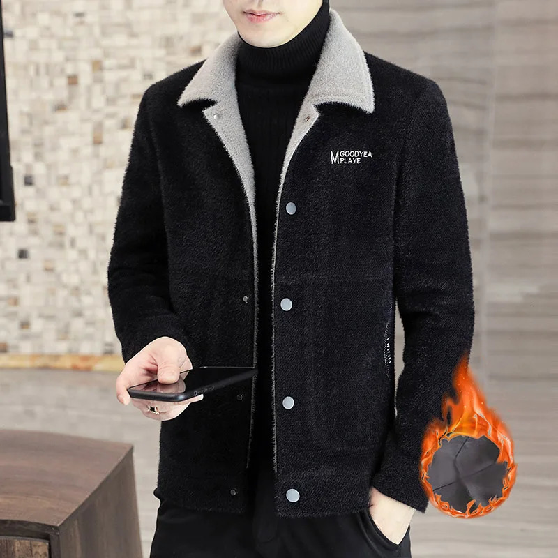 autumn and winter mens wool collar embroidered jacket wool jacket trend handsome thick solid color warm casual jacket 241112