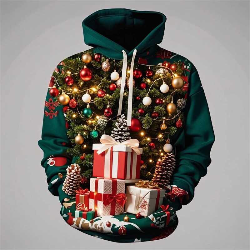 Boîte à cadeau d'arbre de Noël Hoodie pour hommes Vêtements 3D Pullor imprimé Hoodies Lanternes Streetwear Streetwear Populaire Coat surdimension