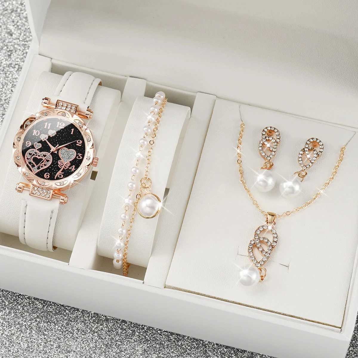 4pcs / set Femmes Femme Rigiane Himestone Quartz Watch Analog Pu Le cuir bracelet Faux Pearl Jewelry Set Gift for Mom Her XJ241109