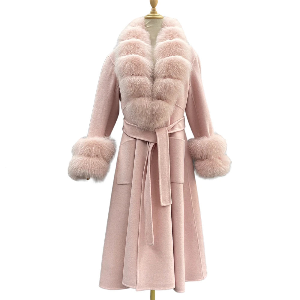 ZDFURS * reversible cashmere coat womens medium to long fur wool coat fox fur collar fur coat winter 241112