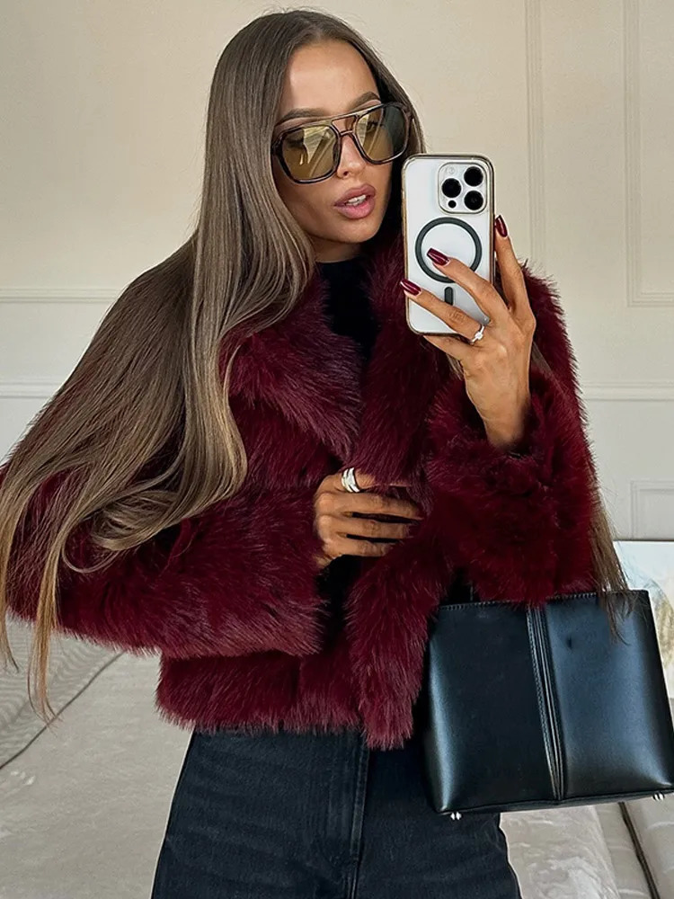 Vintage Burgundy collar long sleeved short sleeved warm jacket elegant solid color loose faux fur leather jacket womens street jacket 241112
