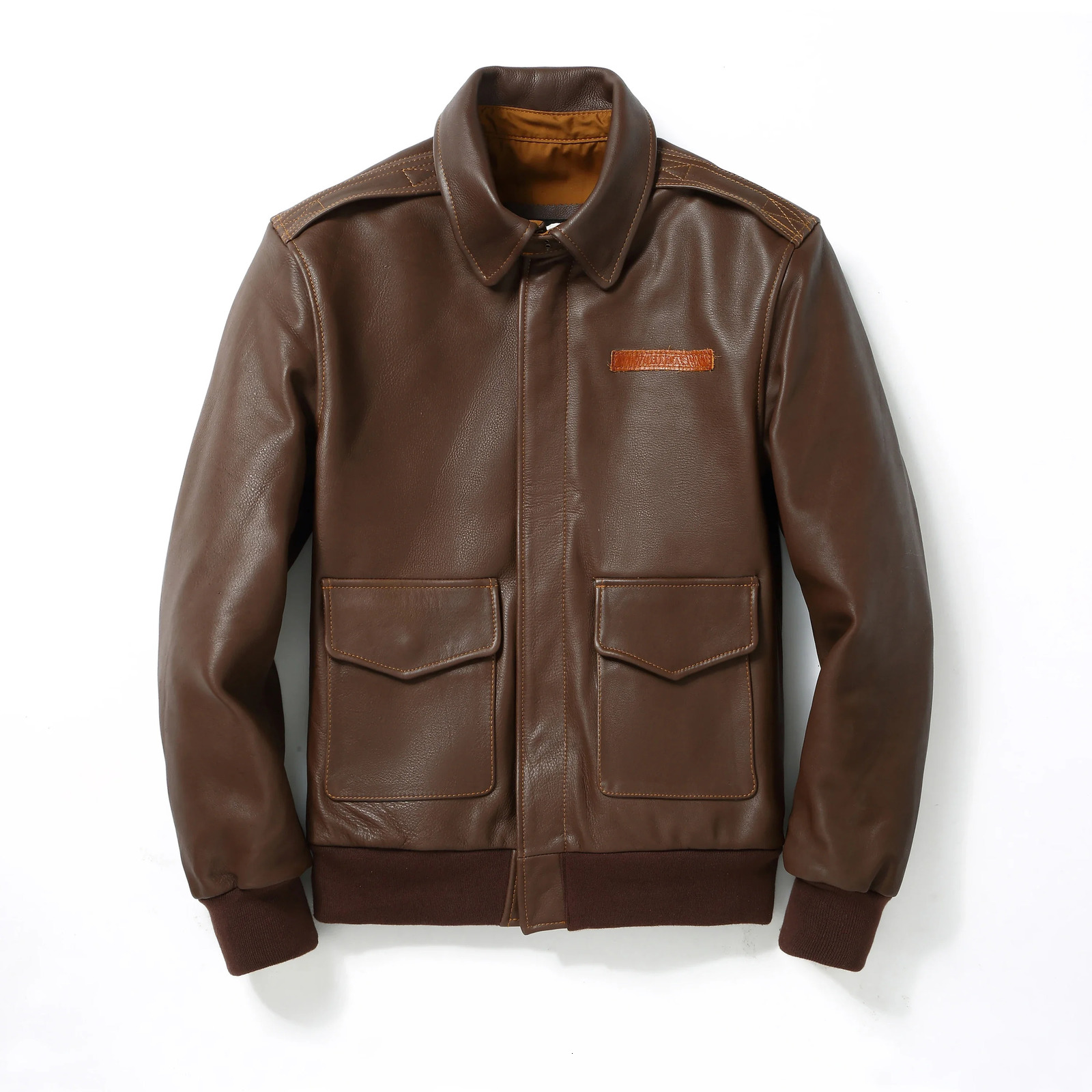 Mens leather jacket classic brown top cowhide bomber jacket fashionable natural cowhide winter coat 241112