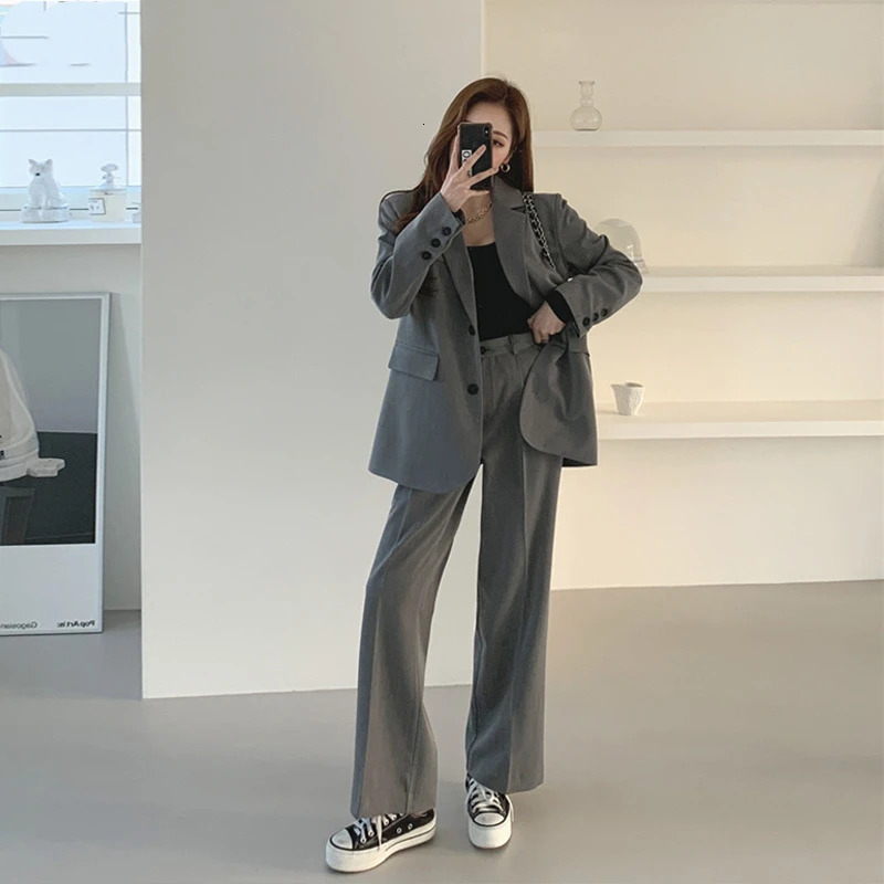 Autumn Office Womens Jacket Set Korean Loose Grey Set Jacket High Waist Wide Leg Pants 2-piece Set Womens Set 241112