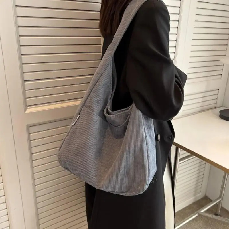 Canvas shoulder bag womens handbag Corduroy simple casual large capacity womens travel solid shopping bag 241112