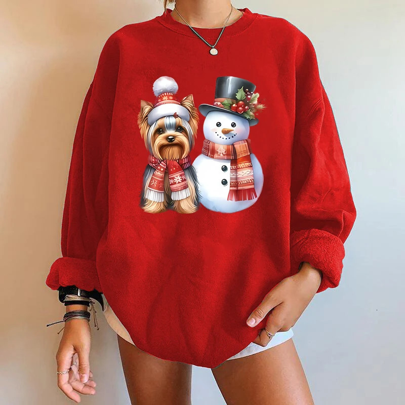 Christmas fashion snowman dog pattern y2k trendy printed sweatshirt round neck casual autumn spring womens clothing 241107Z