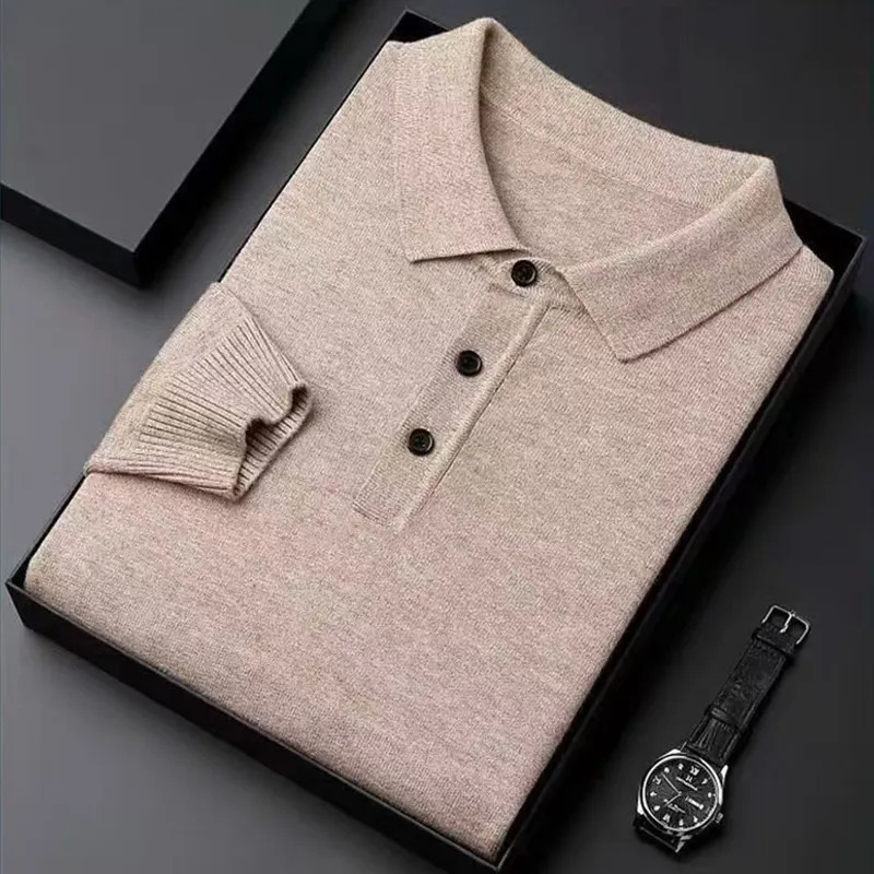 100% Pure Wool Polo Collar Sweater Men Tops Autumn Winter Male Business Casual Turndown Knitted Pullover Cashmere Polo Shirt 241113