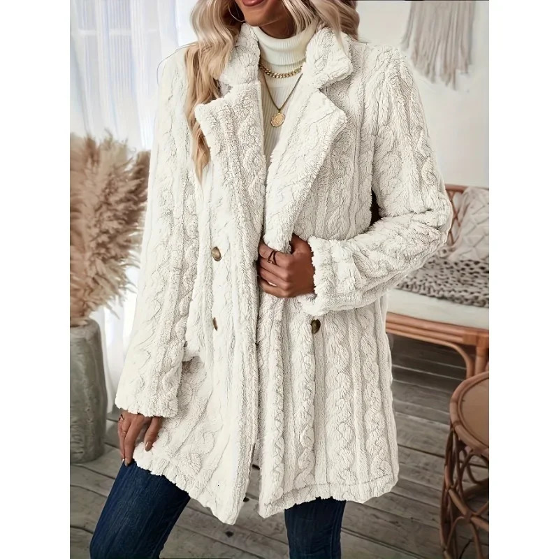 Autumn Winter Women Elegant Solid Color Fuzzy Lapel Coat Warm Casual Soft Zipper Jacket Plush Overcoat Female Fluffy Outwear 241108