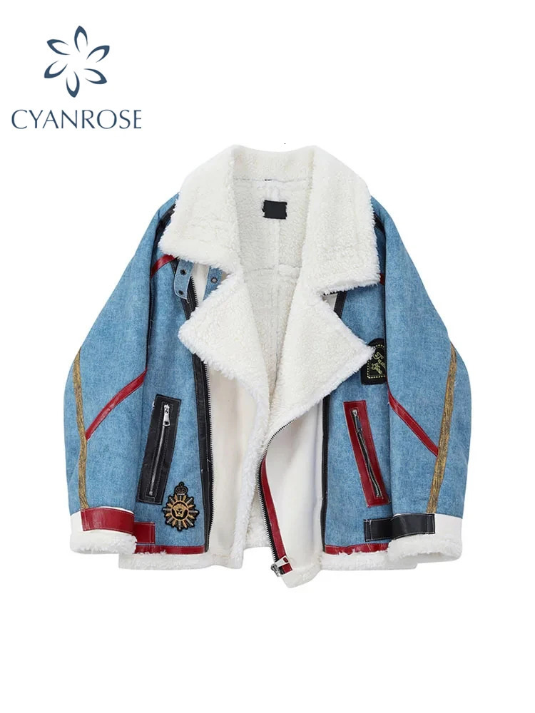 Womens blue patch artificial rabbit fur jacket Parkas thick warm coat wool teddy coat retro 2000s winter coat 241112