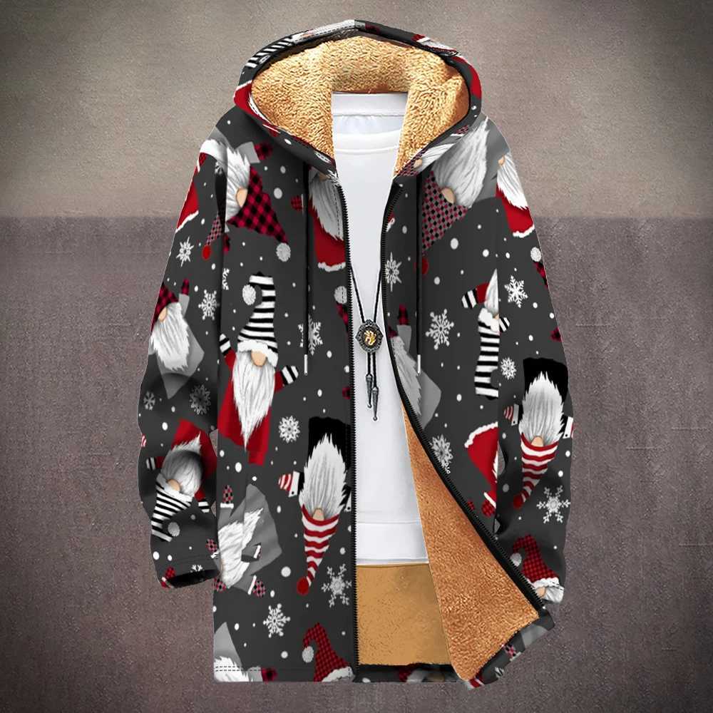 Plus Size Mens Long Zipper Hooded Padded Warm Thick Jacket Christmas Father Snow Gray Print Cyan Daily Casual Winter Jacket LX241113
