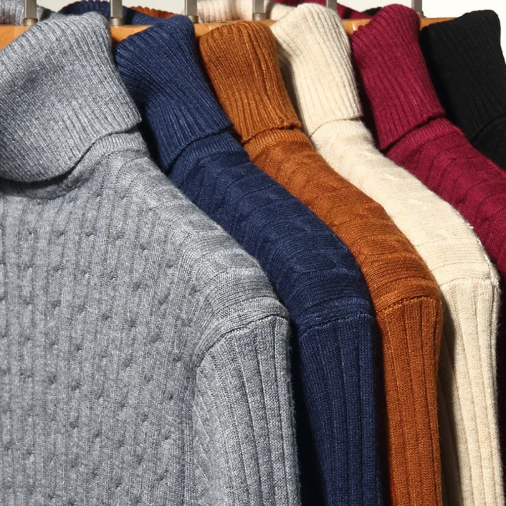 Mens Turtleneck Sweaters Autumn Knitted Striped Streetwear Warm Long Sleeved Pullover Solid Color Basic Style Casual Tops 241113