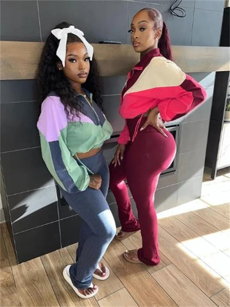 Autumn And Winter Long Sleeves Zipper Patchwork Crop top Suits Tracksuits Womens Fashion Pants Green Black 2 Piece Sets 241111