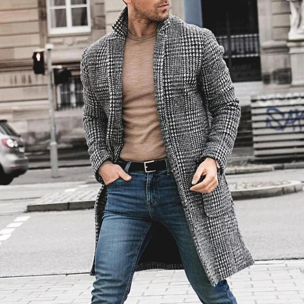 Mens Smart Style Casual Fashion Autumn And Winter Trendy Retro MidLength Houndstooth Woolen Coats For Young Handsome Jackets 241107Z
