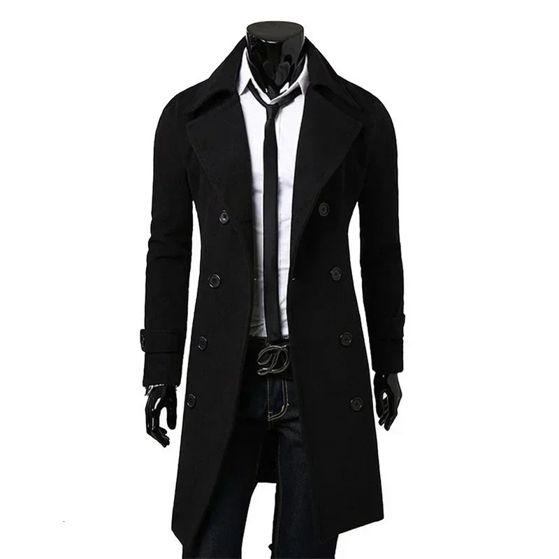 Mens double breasted trench coat autumn winter wool blend high-quality fashionable casual slim fit solid color mens jacket 241112
