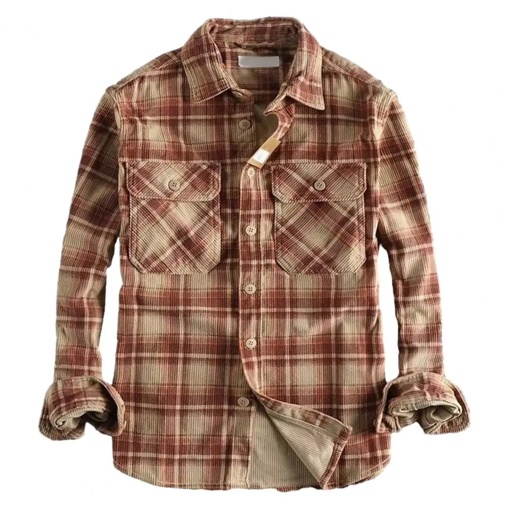 Veste de chemise à carreaux à coque à carreaux bordés à la couchée 2024 Hiver à manches longues bouton de chemise de chemise Men Chemise Homme 24