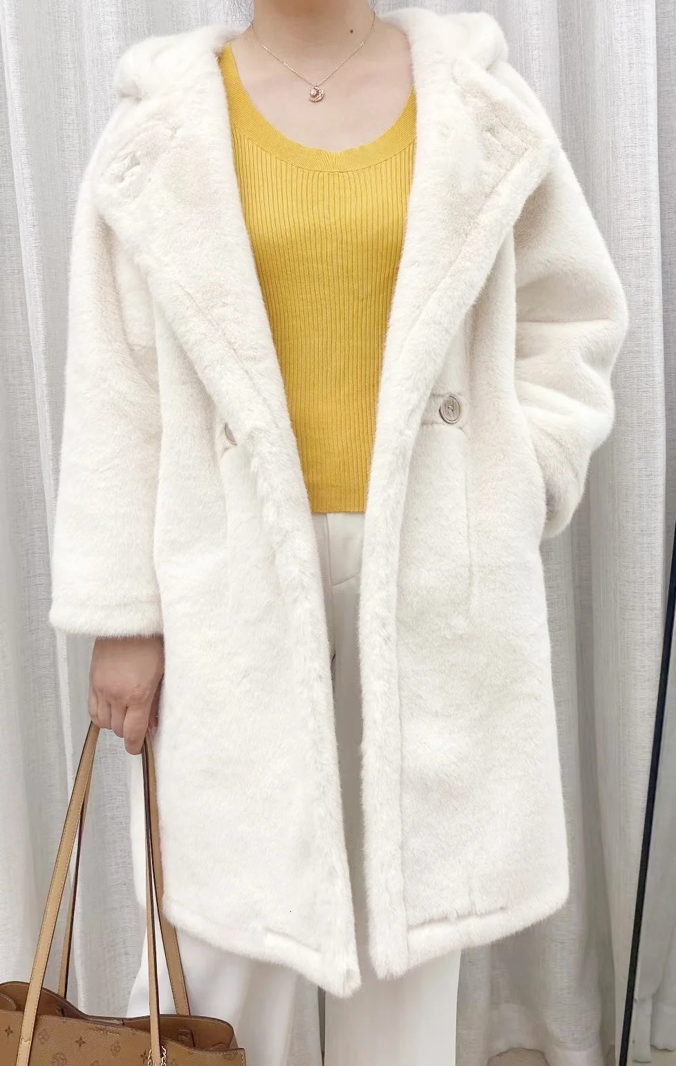 Artificial fur coat midi hoodie double-layer thick warm loose womens coat autumn and winter collection 241112