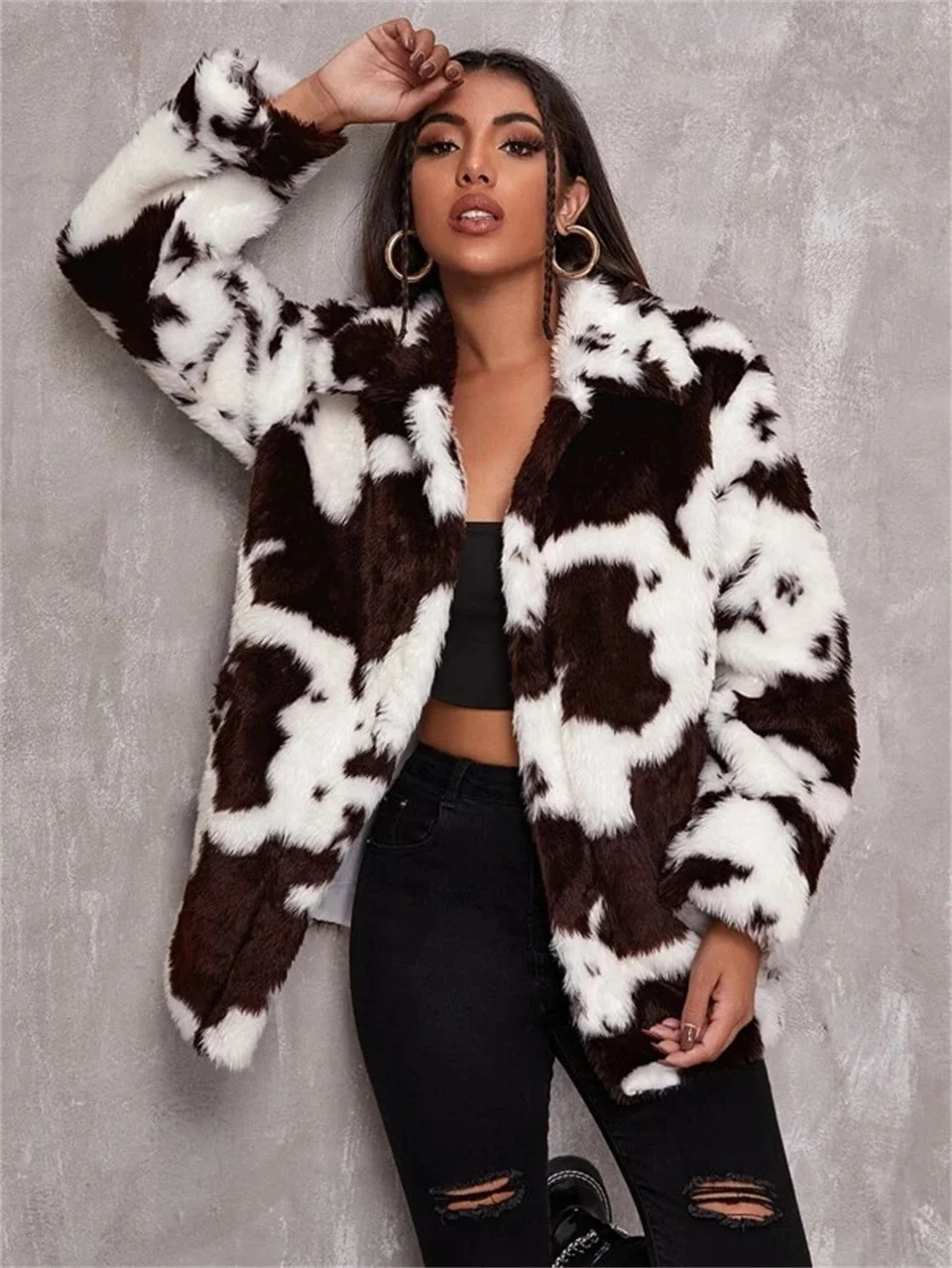 Winter womens wool jacket fur teddy jacket womens Harajuku milk cow print faux fur leather jacket retro hip-hop warm streetwear 241112