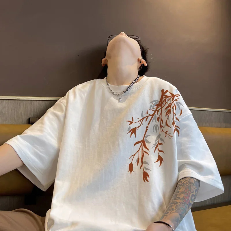 T-shirts surdimensionnés pour hommes T-shirt en coton pour hommes blancs 5xl Casual Summer Wear Fashion Bamboo Print Tee-Shirts for Men Vêtements