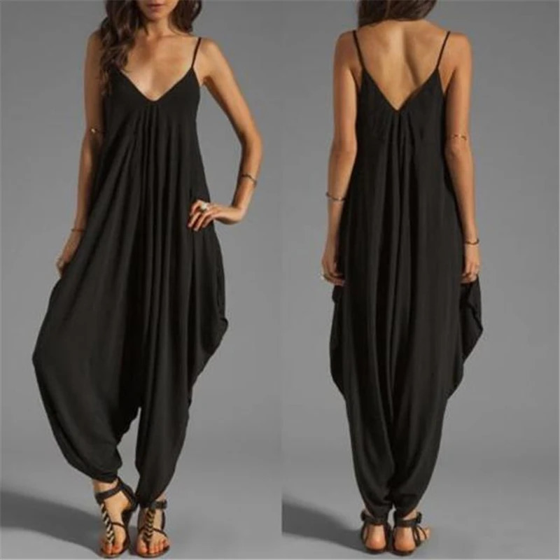 Womens casual sleeveless jumpsuit summer deep V-neck one-piece solid pants casual plus size loose pants 241112