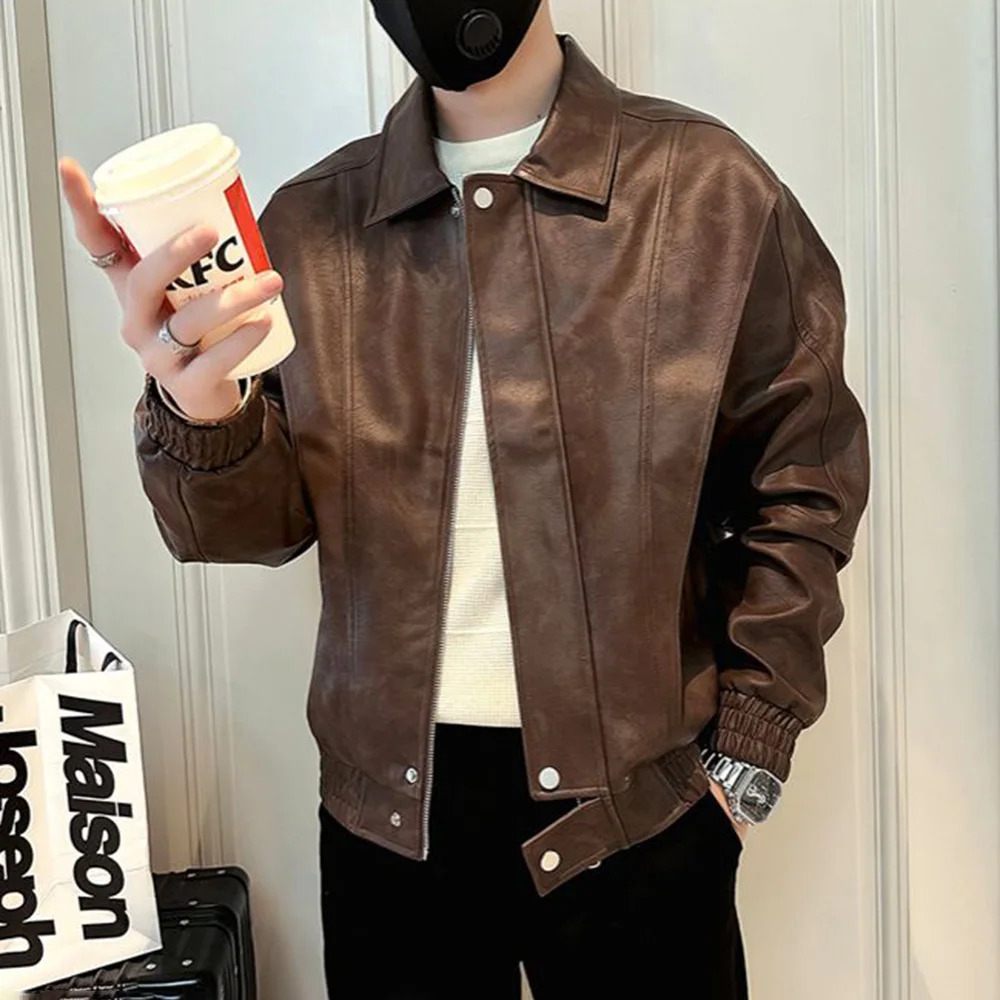 Y2k mens leather jacket with zipper pocket solid color leather jacket autumn casual slim fit thick top mens clothing unisex style 241112