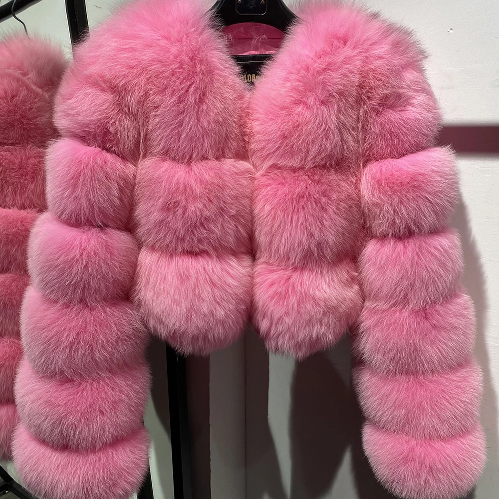 YOLOAgain Real Fox Fur Jacket Women Pink Cropped Winter Outerwear 241113