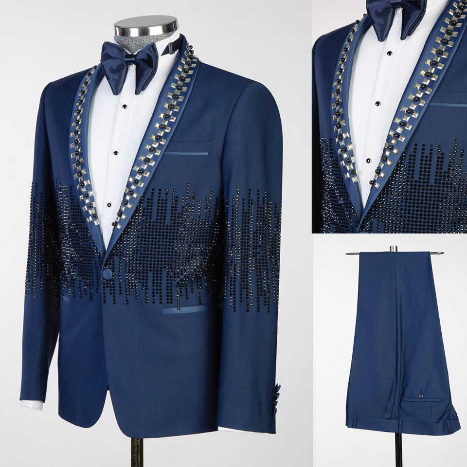 Fashion Men's Suit Tailored Blazers Shawl Lapel Beading Pearls Groom Jacket For Man 2 Piece Set One Button Prom Custom Made (Coat+Pants)