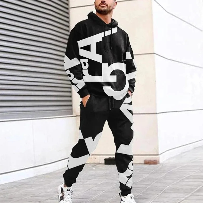 retro Alphabet 3D printed mens sportswear set fashionable casual hoodiepants 2-piece set trend streetwear unisex zipper set 241112