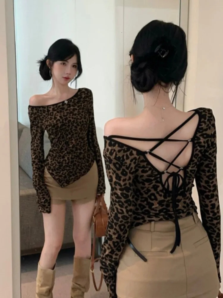Womens leopard print T-shirt Harajuku Korean Y2k T-shirt Top Retro Aesthetic Long sleeved Knitted T-shirt 2000s Fashion Clothing 241112
