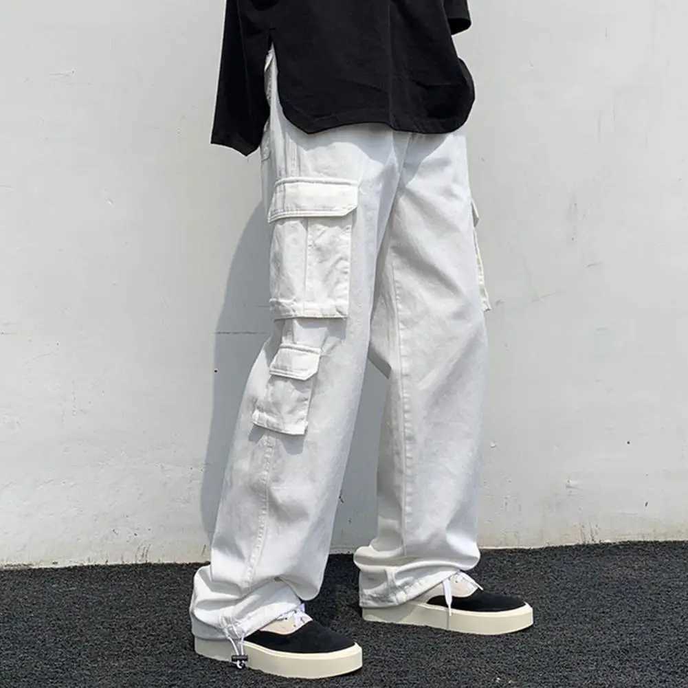 2024 Men Cargo Pants Black White Casual Pants Mens Loose Straight Wide Leg Pants Men Hip-hop Pocket Cargo Pants Mens TrousersXJ241112