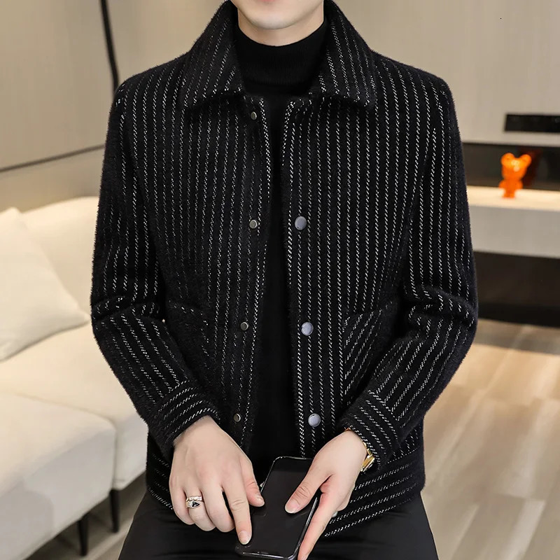 autumn and winter striped mens jacket casual business wool blend trench coat fashionable social coat ultra-thin windproof machine 241112