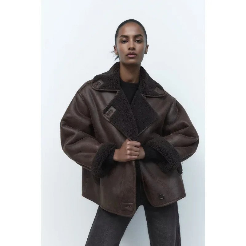 Manteaux et vestes automne / hiver femme manteau simple poitrine en cuir et collier de fourrure en peau de mouton double face en peluche en fourr