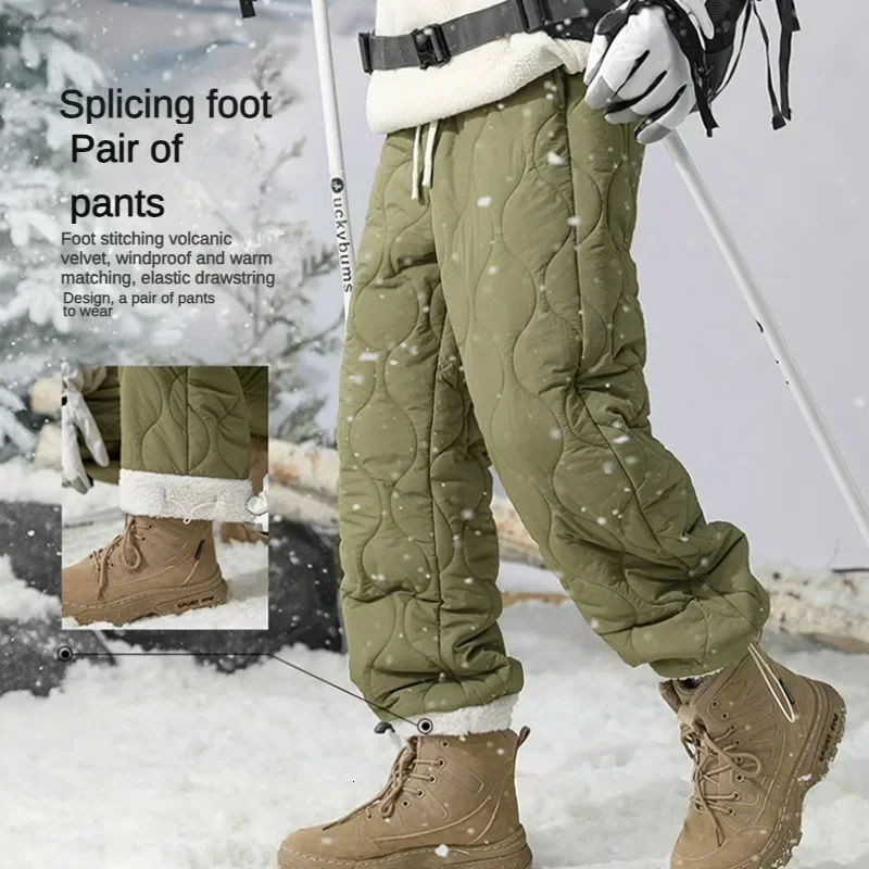 Winter down pants mens fashionable skiing waterproof thick wool warm straight cotton mens casual cold proof apron pants 241111