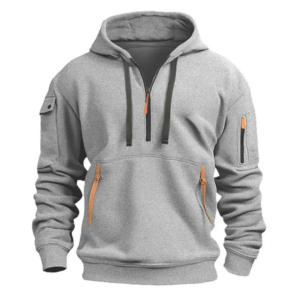 Autumn Winter Mens Casual Sports Multi-Zip Arm Pocket Sweatshirt Pullover Hoodie Streetwear Thin Fleece Contrast Color LX241113