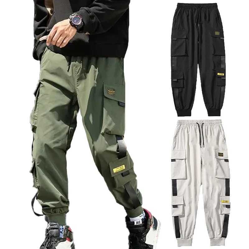 Les hommes bloquent le pantalon de cargaison de poche noire harem joggers harajuku pantalon tactique hip hop