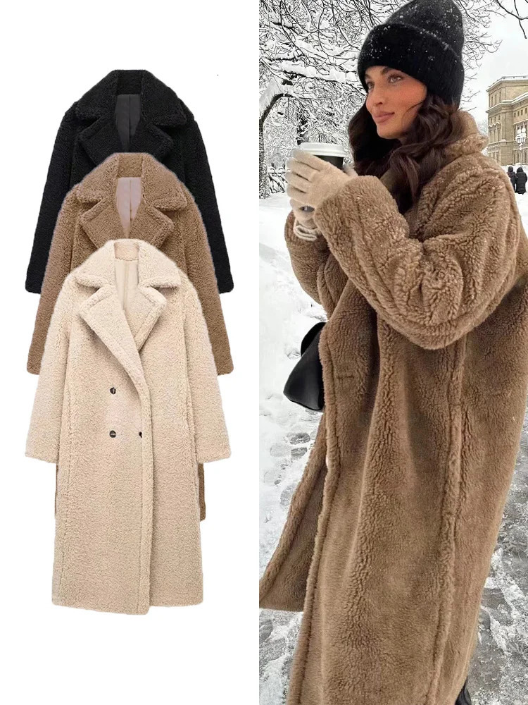 TRAF Autumn Winter Womens Artificial Teddy Long Coat Retro Collar Chic Long Sleeve Double Chest Big Coat Womens Street Coat 241112