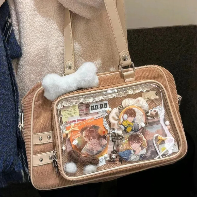 MBTI Corduroy casual womens shoulder bag Japanese style retro fashion Lolita Jk handbag transparent daily 2024 womens Ita bag 241112